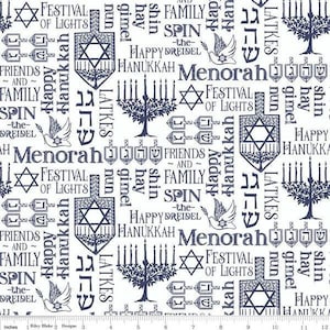 FESTIVAL OF LIGHTS - White with Blue Symbols and Text - Hanukkah - Tara Reed - 100% cotton quilting fabric yardage - Riley Blake Designs