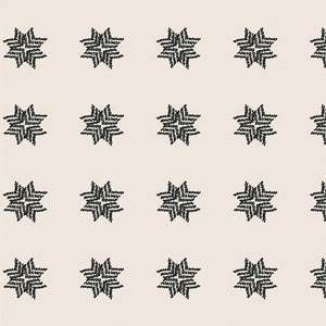 May include: A seamless pattern featuring black star-shaped designs on a light beige background. The stars are made up of a series of small lines that create a woven or textured effect.