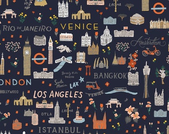 BON VOYAGE - World Traveler - Navy - Rifle Paper Co - 100% cotton quilting fabric yardage