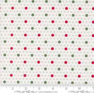 May include: White fabric with a repeating pattern of small red and green dots on a white background. The fabric has a subtle star pattern.