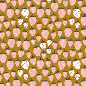 UNDER The APPLE TREE Queen of Berries Golden Yellow Strawberries - Loes Van Oosten - 100% cotton quilting fabric yardage