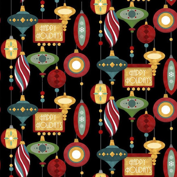 JOLLY OLE SOUL - Ornaments Black Multi - Henry Glass - 100 % Cotton quilting fabric yardage - Christmas Fabric