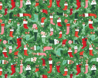 TWAS - Stockings Were Hung - Green - Sparkle - Christmas - Jill Howarth - 100% cotton quilting fabric; Riley Blake Designs