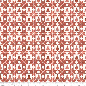 May include: A repeating pattern of red snowflakes and Christmas trees on a white background. The design is a geometric arrangement of star-shaped snowflakes with small Christmas trees in the center of each diamond shape. The fabric measures 12 inches wide.