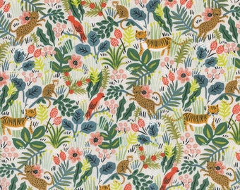 May include: A seamless pattern featuring a jungle scene with tigers, monkeys, birds, and flowers on a cream background. The pattern is in a whimsical style with bright colors and bold lines.
