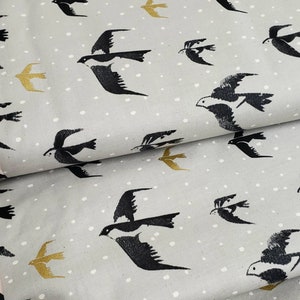 BLACK & WHITE - Sea Farer Metallic Gold Black Birds on Gray - Cotton and Steel - 100% cotton quilting fabric yardage