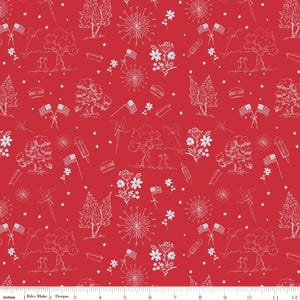 May include: Red fabric with a white sketched pattern featuring American flags, fireworks, trees, flowers, hot dogs, hamburgers, and stars. The fabric is marked with the text "Riley Blake Designs".