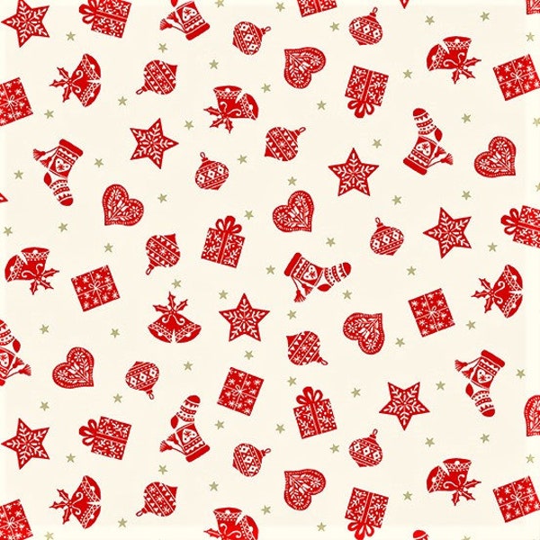 SCANDI CHRISTMAS 2022 - Scatter - Cream Red - Gold Metallic - Makower UK - Andover Fabrics - 100 % Cotton quilting fabric yardage