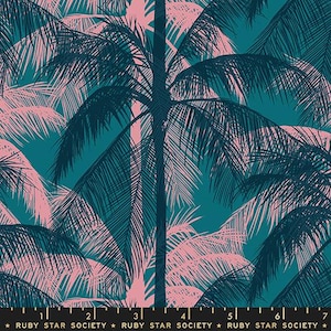 May include: A fabric print featuring a repeating pattern of dark teal and light pink palm tree silhouettes against a deep teal background. A black measuring tape with white markings and the text RUBY STAR SOCIETY is visible at the bottom edge.