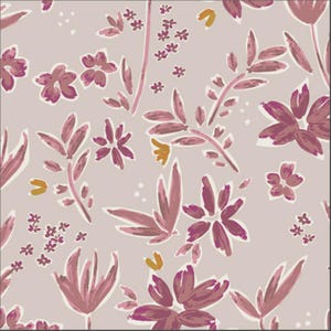 May include: A floral pattern featuring stylized flowers and leaves in shades of pink, mauve, and yellow on a light gray background. The design includes various flower shapes and leaf arrangements, creating a botanical theme.