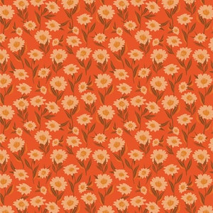 May include: A seamless pattern featuring white daisies with orange centers on a bright orange background. The daisies are arranged in a repeating pattern, creating a cheerful and vibrant design.