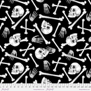 SCAREDY CAT - Skeletons - Black - Halloween - Rachel Hauer - 100% cotton quilting fabric yardage - Free Spirit Fabric