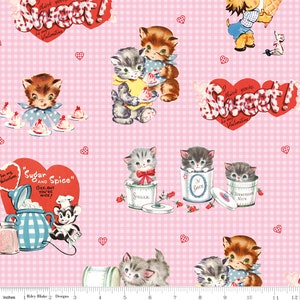 SUGAR AND SPICE Kittens Main Pink Valentine&#39;s day- Lindsay Wilkes - Cottage Mama - Riley Blake Designs - cotton quilting fabric