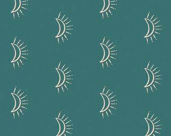 May include: Teal background with a repeating pattern of cream-colored crescent moons with sunburst rays. The design is simple and minimalist, suitable for various applications.