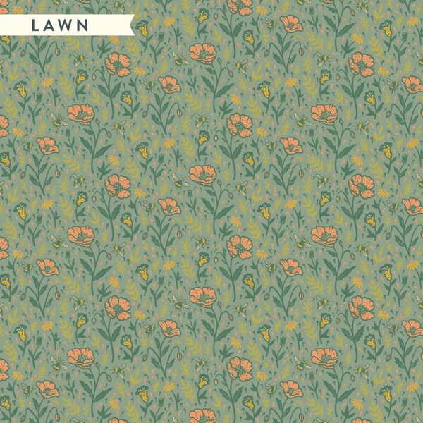 WILD COAST - Poppies Blue LAWN - Mustard Beetle - 100% organic Lawn fabric yardage - Birch Fabrics