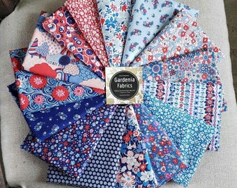 CARNABY COLLECTION Retro Indigo 15 Fat Quarter Hand Cut bundle - Liberty of London - 100% Cotton quilting fabric bundle