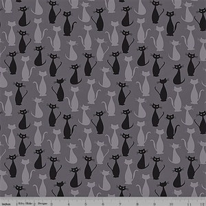 SPOOKY HOLLOW - Charcoal Cats Silver Sparkle - Melissa Mortenson - Riley Blake Designs; Halloween - cotton quilting fabric yardage