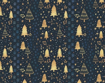 May include: A fabric pattern featuring gold Christmas trees, stars, and paw prints on a dark blue background. The design includes various sizes of trees and stars, with a scattering of white and orange dots. The fabric is marked with inch measurements.