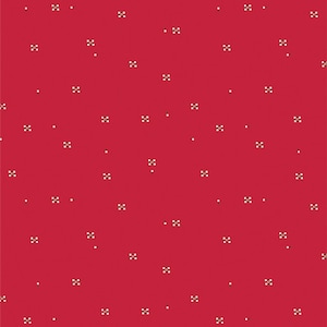 May include: A seamless pattern featuring a vibrant red background adorned with a repeating design of small, white and black square-like shapes and tiny white dots. The pattern is evenly distributed across the surface.
