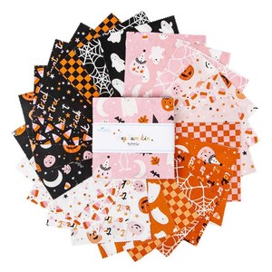 May include: A collection of Halloween-themed fabric squares arranged in a circular pattern. The fabrics feature various designs, including ghosts, pumpkins, spiderwebs, and the text "trick or treat". The color palette includes black, orange, white, and pink.