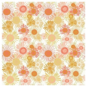 May include: A seamless pattern featuring a variety of stylized daisy flowers in shades of orange, pink, and yellow on a white background.