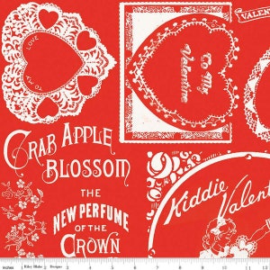 May include: Red fabric with a white design featuring a heart-shaped lace doily, a framed heart with the text "To My Valentine", and the text "Crab Apple Blossom The New Perfume Of The Crown" and "Kiddie Valentine".