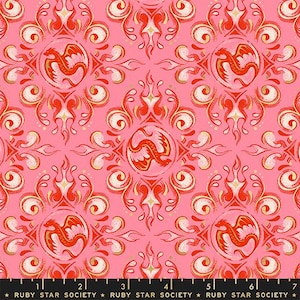 May include: Pink fabric with a repeating pattern of red dragons in medallions, surrounded by red flames and gold swirls. The text "RUBY STAR SOCIETY" is printed at the bottom.