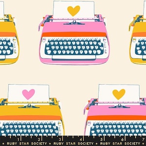 May include: A repeating pattern featuring colorful typewriters in shades of pink, yellow, and orange. Each typewriter has a sheet of paper with a heart shape. The text "RUBY STAR SOCIETY" is at the bottom.