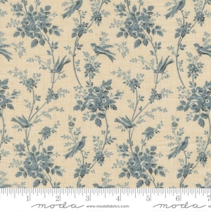 May include: Cream-colored fabric with a repeating pattern of blue floral bouquets and birds perched on branches. The design includes detailed leaves and stems, creating a classic, vintage aesthetic. The fabric is suitable for quilting and other craft projects.