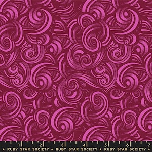 May include: A fabric with a swirling, abstract design in shades of deep red and magenta. The pattern features overlapping, curved lines and spiral shapes, creating a dynamic and textured appearance. The text "RUBY STAR SOCIETY" is at the bottom.