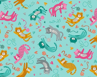 WHISKERS Tossed Cats Turquoise Andover Fabrics - 100 % Cotton quilting fabric yardage Makower UK