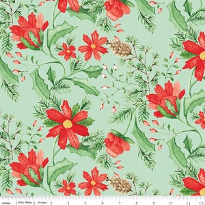 May include: A seamless pattern featuring red poinsettia flowers, green leaves, and pine branches on a light green background. The pattern is perfect for holiday crafts and projects.