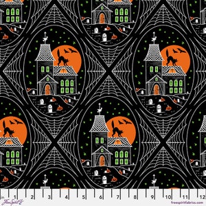 SCAREDY CAT - Haunted House - Black - Halloween - Rachel Hauer - 100% cotton quilting fabric yardage - Free Spirit Fabric