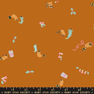 May include: A brown fabric with a repeating pattern of raccoons, holly, mushrooms, and Christmas-themed items. The raccoons are wearing red and white stocking caps and holding gifts. The fabric is perfect for crafting projects, quilting, and apparel.