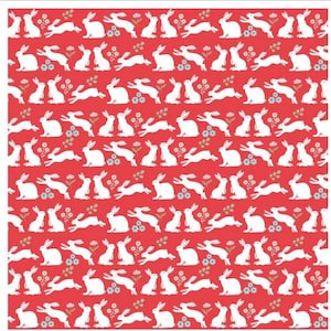 May include: A repeating pattern of white rabbits on a red background. The rabbits are in various poses, including sitting, standing, and jumping. There are small white flowers and green leaves scattered throughout the pattern.