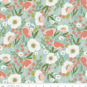 May include: A seamless fabric pattern featuring a repeating design of white, pink, and coral flowers on a light blue background. The flowers are surrounded by green leaves and small white and pink flowers.