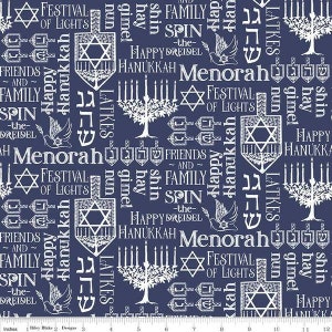 FESTIVAL OF LIGHTS - Blue with White Symbols and Text - Hanukkah - Tara Reed - 100% cotton quilting fabric yardage - Riley Blake Designs