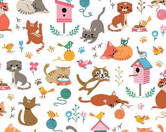 CATS MEOW Main Cat White Shawn Wallace 100% cotton quilting fabric yardage Riley Blake Designs