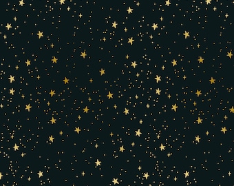 May include: A dark blue background with a scattered pattern of gold stars of different sizes.