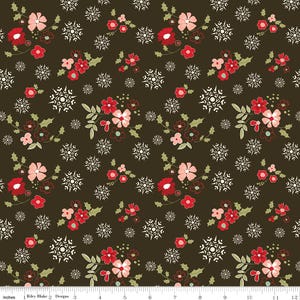 GLISTEN Winter Flowers Mocha Christmas Sandy Gervais 100% cotton quilting fabric; Riley Blake Designs