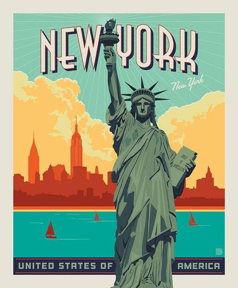 May include: A vintage travel poster featuring the Statue of Liberty in front of the New York City skyline. The poster is in a retro style with a blue, green, and orange color scheme. The text on the poster reads "NEW YORK" and "UNITED STATES OF AMERICA".