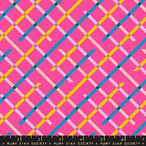 May include: A vibrant pink fabric with a repeating diagonal grid pattern. The grid is composed of intersecting lines in blue, yellow, light pink, and lavender. The text "RUBY STAR SOCIETY" is at the bottom.