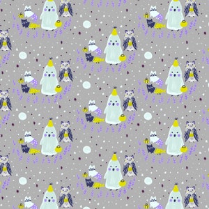 May include: A seamless pattern featuring a repeating design of ghosts wearing party hats and holding jack-o'-lanterns, surrounded by cats and stars on a light gray background.