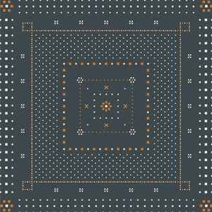 May include: A square, patterned textile with a dark teal background. The design features a series of concentric squares and dotted patterns in white and orange-brown. The center has a floral-like design.
