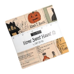 May include: A stack of fabric squares with a Halloween theme. The squares feature illustrations of a jack-o'-lantern, a haunted house, and text that reads "Home Sweet Haunt." The fabric is beige with black, orange, and green accents.