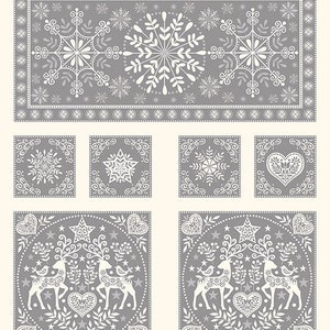 May include: A set of six gray and white patterned tiles featuring snowflakes, stars, hearts, and reindeer. The tiles are perfect for creating a festive winter wonderland theme in your home.