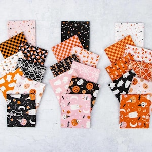May include: A collection of Halloween-themed fabric squares in various patterns and colors. Designs include stars, checkerboard, spiderwebs, ghosts, pumpkins, and skeletons. The color palette features orange, black, pink, and white, perfect for crafting projects.