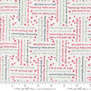 May include: White fabric with a repeating pattern of red and green stars and the text "O star of wonder, star of light, star with royal beauty bright, westward leading, still proceeding, guide us to thy perfect light."