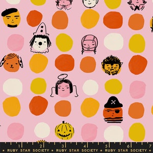 May include: Pink fabric with a repeating pattern of colorful polka dots and illustrated characters. The characters include a clown, a dog, a pirate, an angel, a monster, a pumpkin, and a person wearing a beret. The text "RUBY STAR SOCIETY" is printed at the bottom of the fabric.