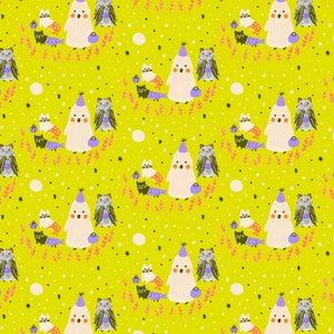 May include: A seamless pattern featuring a repeating design of ghosts wearing party hats and cats in various poses. The background is a bright yellow with white stars and dots. The ghosts are white with purple accents and the cats are gray with purple accents.